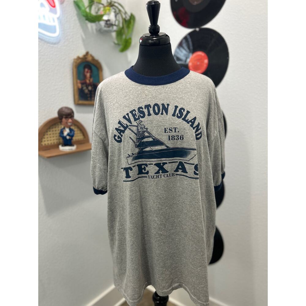 VINTAGE 90s Galveston Island Texas Graphic Tee - Navy Blue - Fits XL
